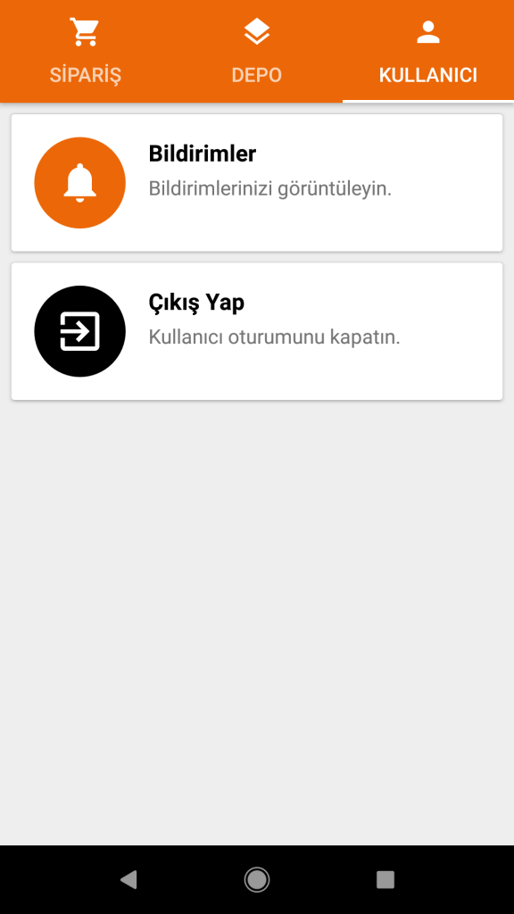 BiDepo Android el terminali kullanıcı bildirimleri ve uygulamadan çıkış ekranı
