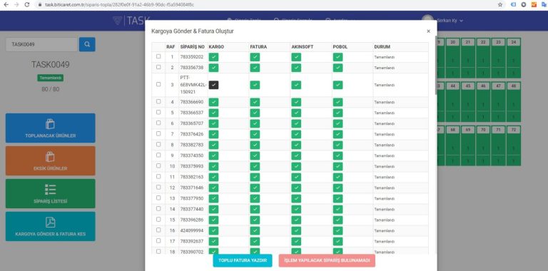 TASK çoklu sipariş toplama sistemi uygulama ekranı 2