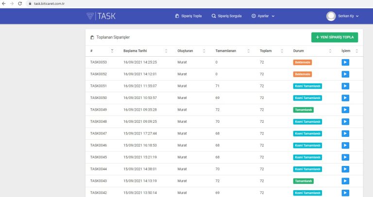 TASK çoklu sipariş toplama sistemi uygulama ekranı 3